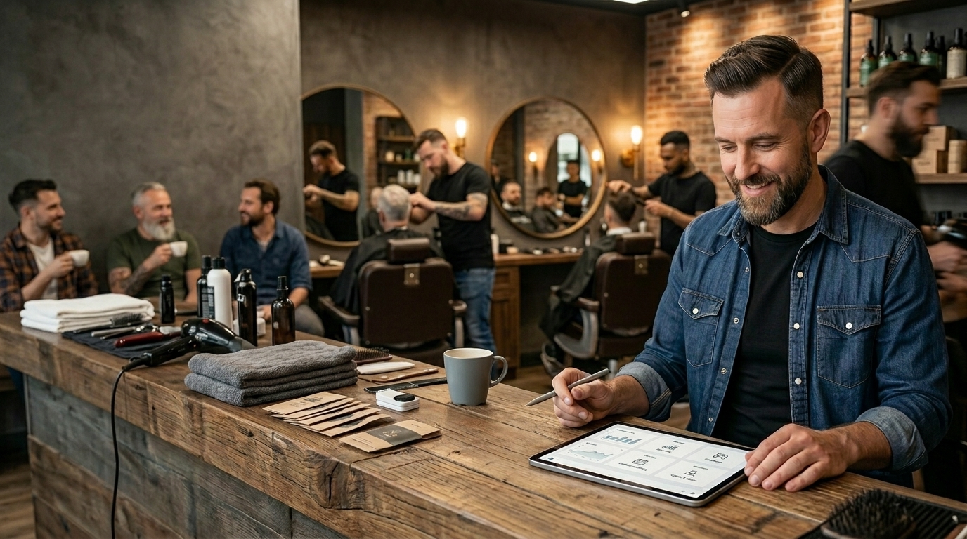 A busy barbershop floor, the owner working from a tablet at the front counter