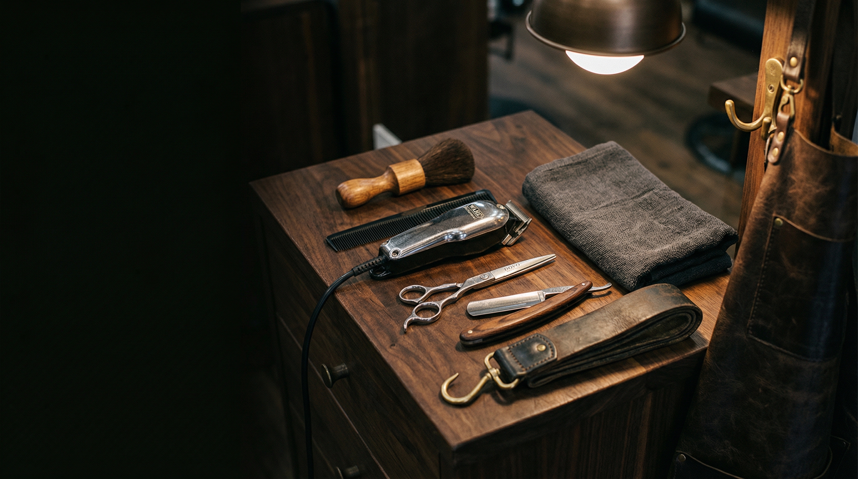 Barber's tools laid out on a walnut cabinet