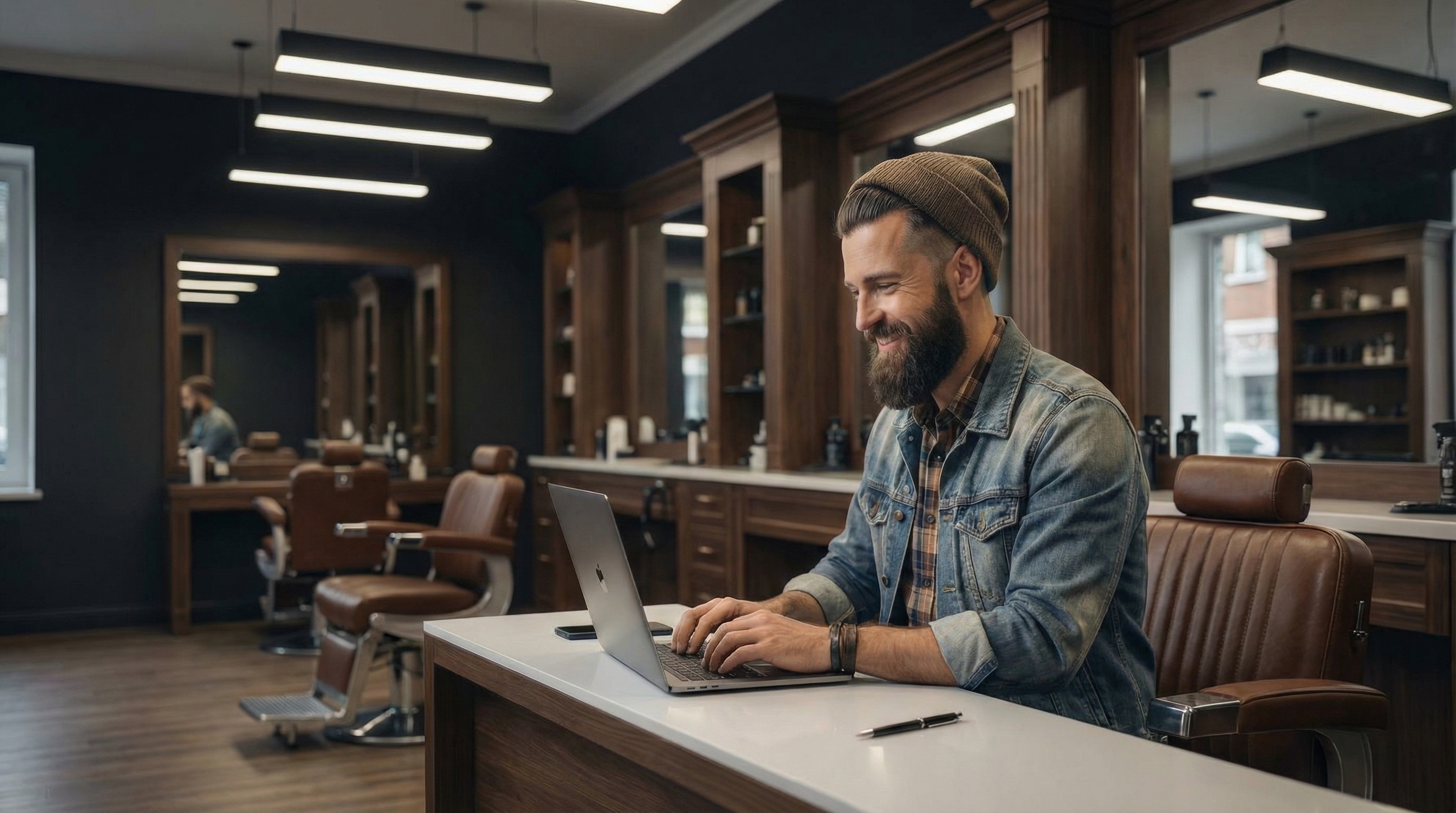 A barbershop owner setting up at the front desk before opening
